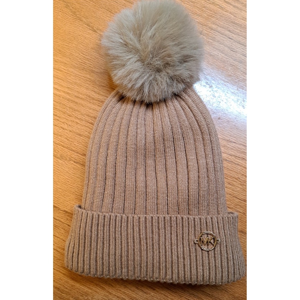 Michael Kors Women's Camel Faux Fur Pom Beanie Lined Cuffed Knit Winter Hat Cap